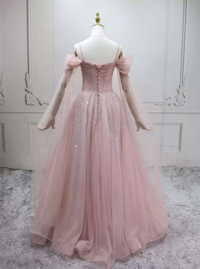 Cute Off-the-Shoulder Pink Ball Gown Long Sleeve Beading Tulle Sweet 16 Dresses C8297