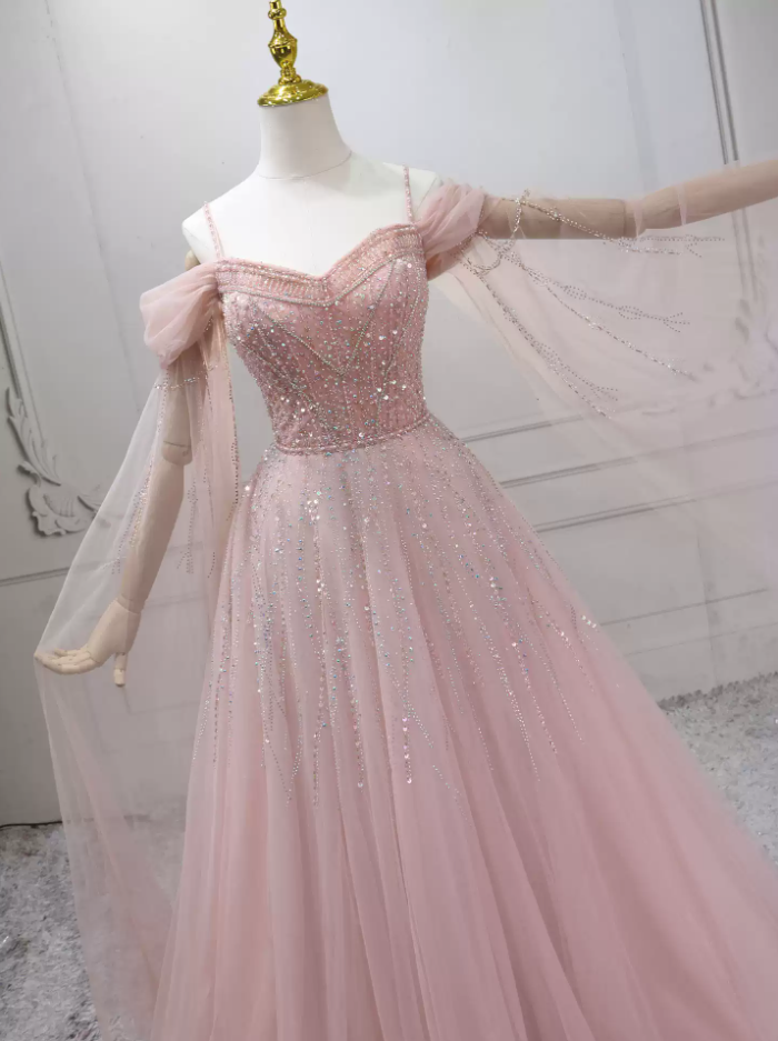 Cute Off-the-Shoulder Pink Ball Gown Long Sleeve Beading Tulle Sweet 16 Dresses C8297