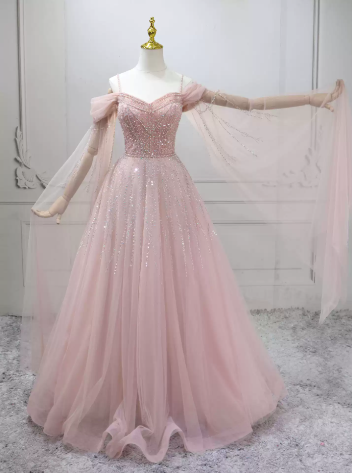 Cute Off-the-Shoulder Pink Ball Gown Long Sleeve Beading Tulle Sweet 16 Dresses C8297