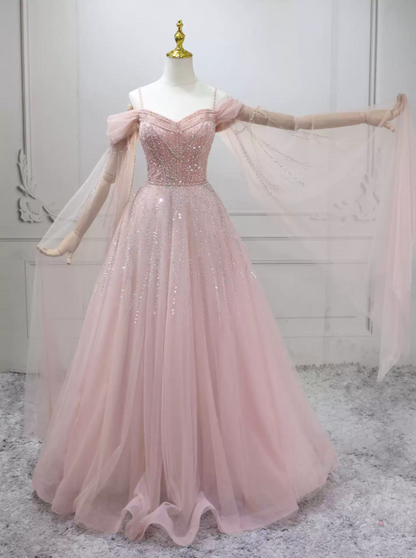 Cute Off-the-Shoulder Pink Ball Gown Long Sleeve Beading Tulle Sweet 16 Dresses C8297