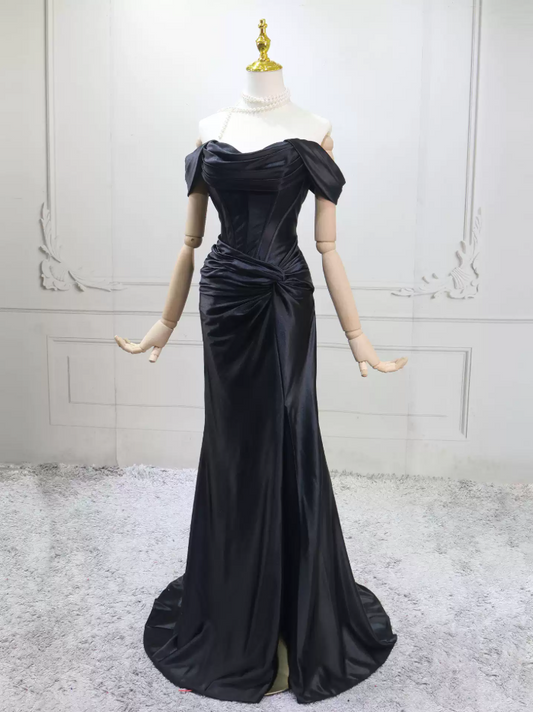 Trendy Off-the-Shoulder Black Prom Dress Ruched High Slit Mermaid Evening Dress C8299