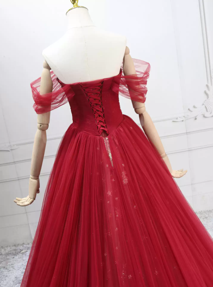 Alluring Off-the-Shoulder Red Ball Gown Tulle Sequins Sweet 16 Dresses C8300