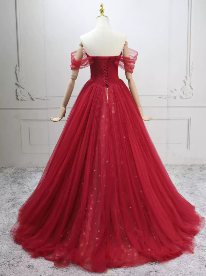 Alluring Off-the-Shoulder Red Ball Gown Tulle Sequins Sweet 16 Dresses C8300
