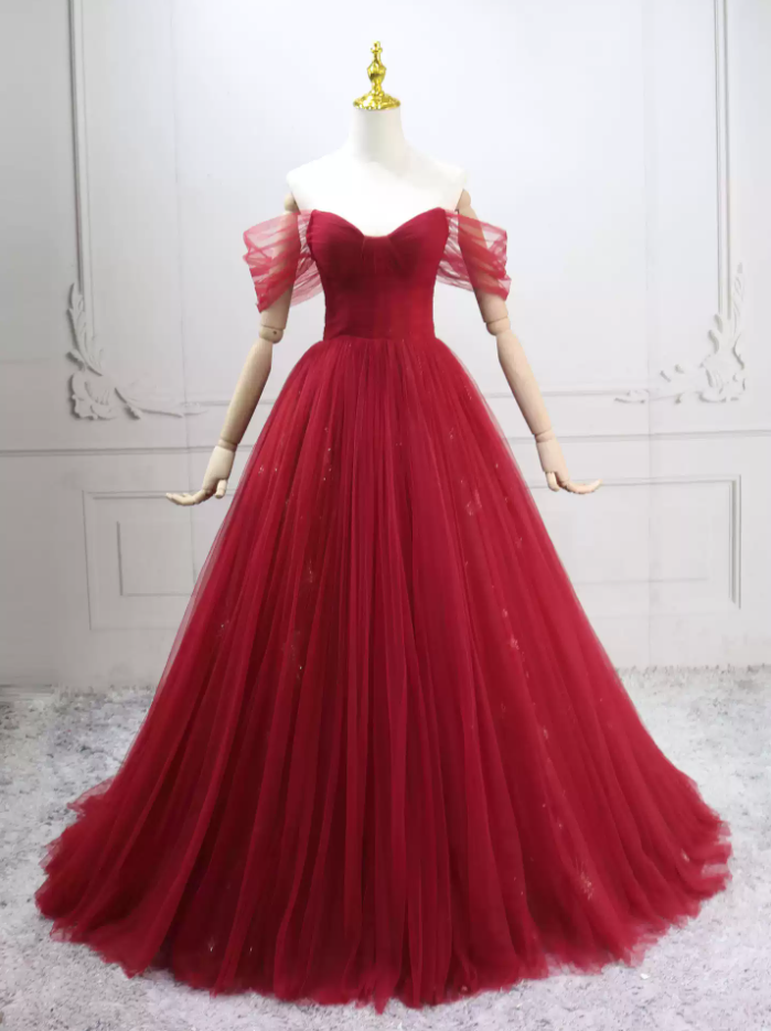 Alluring Off-the-Shoulder Red Ball Gown Tulle Sequins Sweet 16 Dresses C8300
