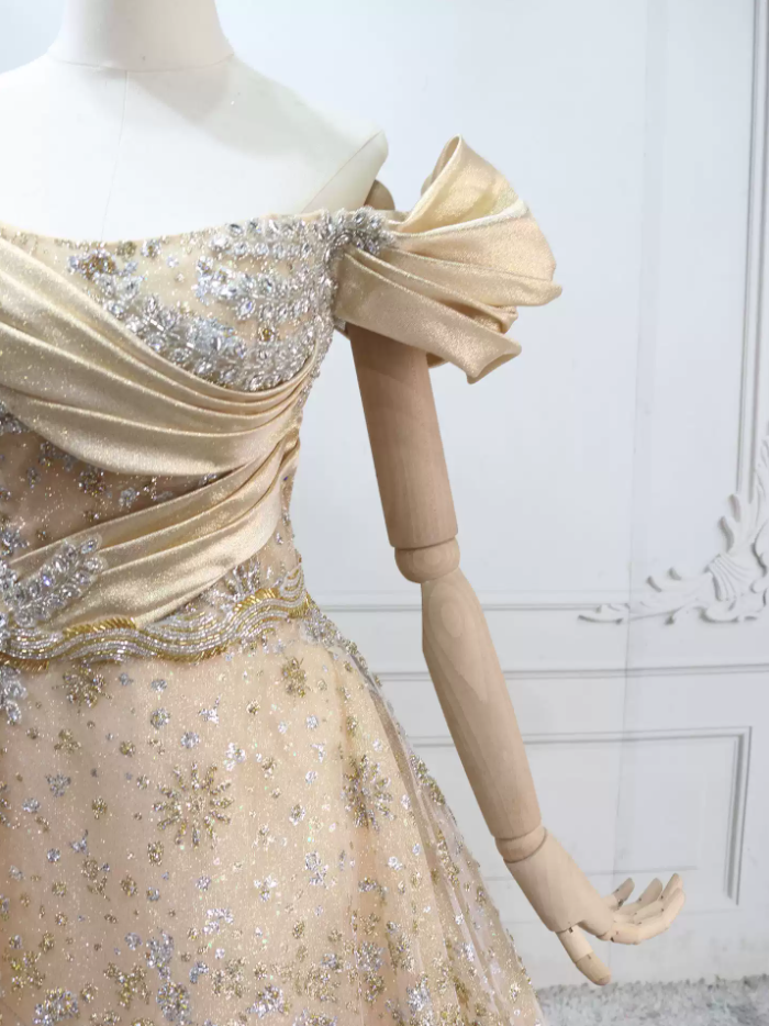 Unique Off-the-Shoulder Beige Ball Gown Sequins Sweet 16 Dresses C8301