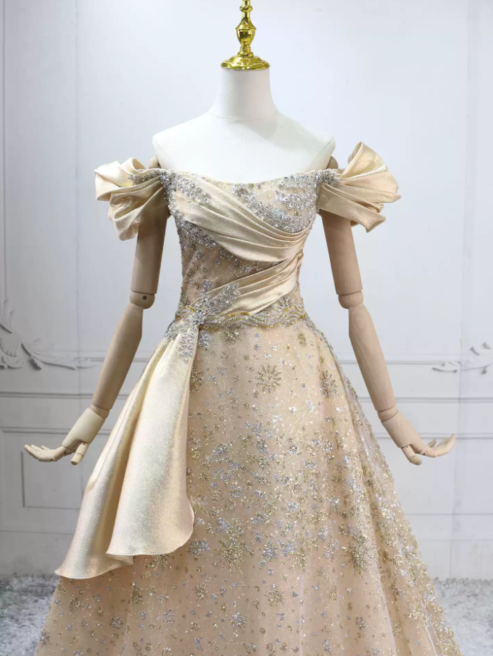 Unique Off-the-Shoulder Beige Ball Gown Sequins Sweet 16 Dresses C8301