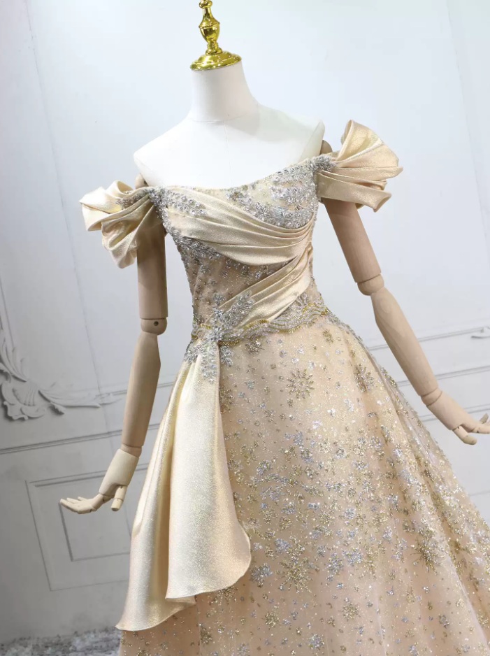Unique Off-the-Shoulder Beige Ball Gown Sequins Sweet 16 Dresses C8301