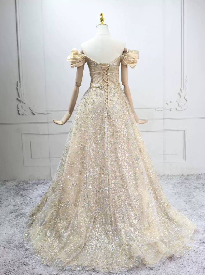 Unique Off-the-Shoulder Beige Ball Gown Sequins Sweet 16 Dresses C8301