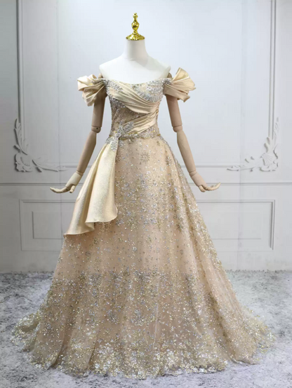 Unique Off-the-Shoulder Beige Ball Gown Sequins Sweet 16 Dresses C8301