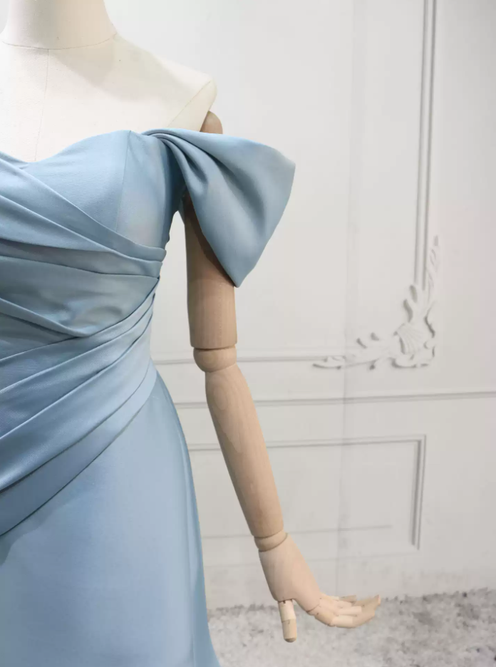 Vintage Off-the-Shoulder Blue Prom Dress Satin Mermaid Formal Dress C8302