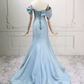 Vintage Off-the-Shoulder Blue Prom Dress Satin Mermaid Formal Dress C8302