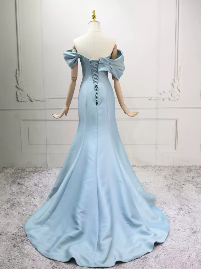 Vintage Off-the-Shoulder Blue Prom Dress Satin Mermaid Formal Dress C8302