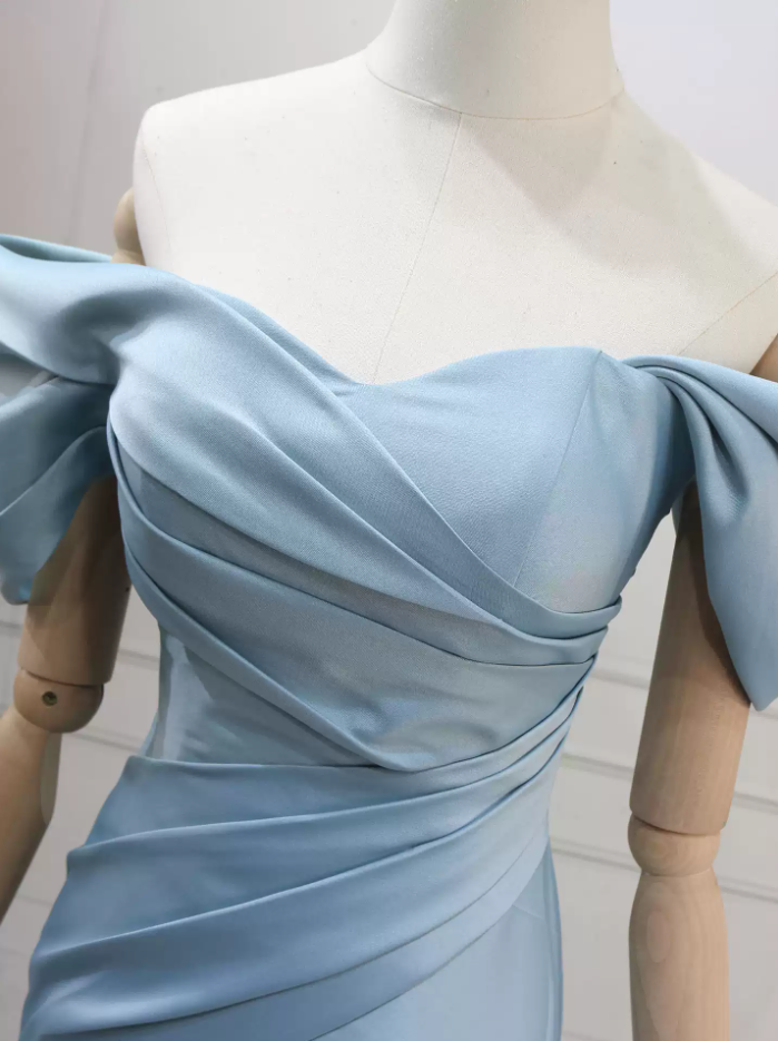 Vintage Off-the-Shoulder Blue Prom Dress Satin Mermaid Formal Dress C8302