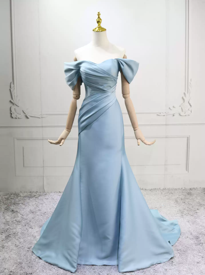 Vintage Off-the-Shoulder Blue Prom Dress Satin Mermaid Formal Dress C8302