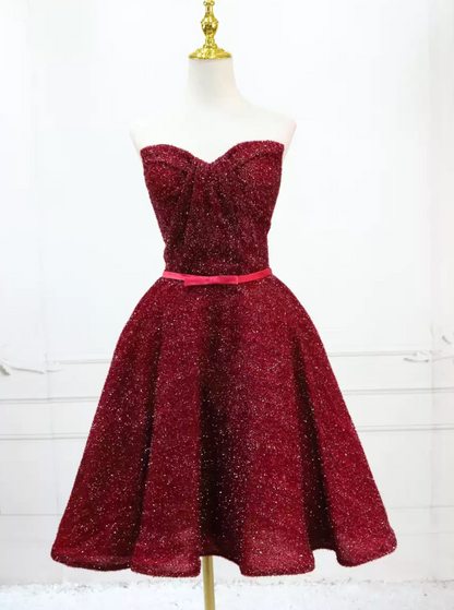 Glittering Red Homecoming Dress Strapless Sequins Birthday Dress C8308