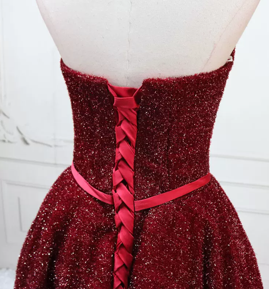 Glittering Red Homecoming Dress Strapless Sequins Birthday Dress C8308