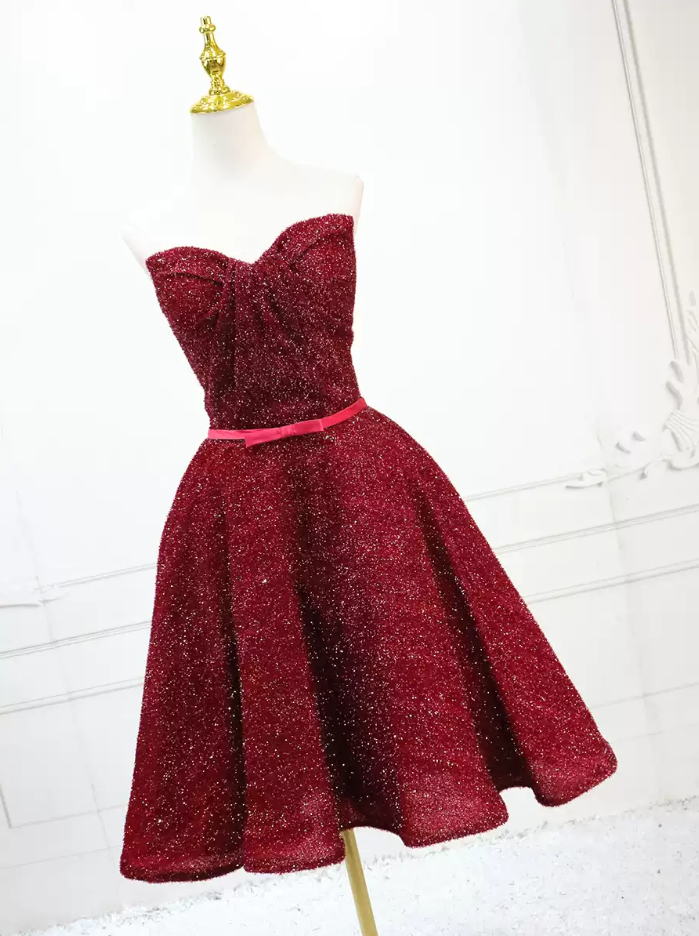 Glittering Red Homecoming Dress Strapless Sequins Birthday Dress C8308
