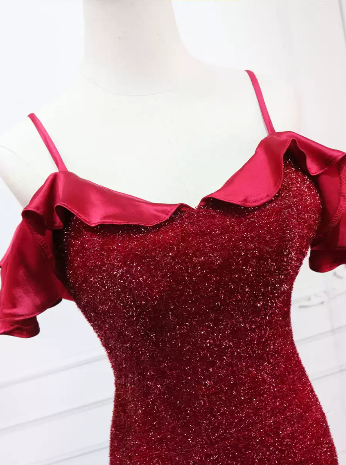 Glamorous Off-the-Shoulder Red Prom Dress Sequins Mermaid Evening Dress C8309