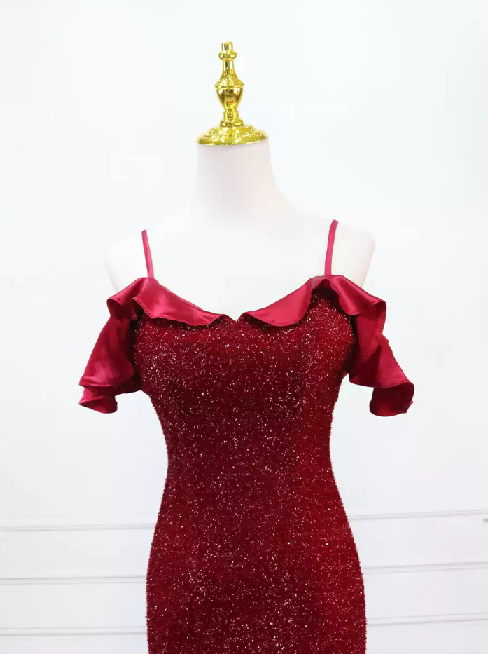 Glamorous Off-the-Shoulder Red Prom Dress Sequins Mermaid Evening Dress C8309