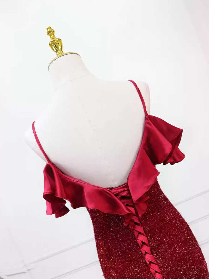 Glamorous Off-the-Shoulder Red Prom Dress Sequins Mermaid Evening Dress C8309