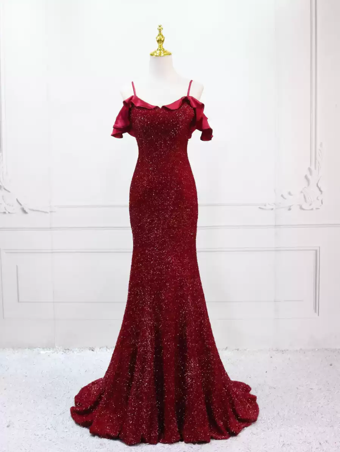Glamorous Off-the-Shoulder Red Prom Dress Sequins Mermaid Evening Dress C8309