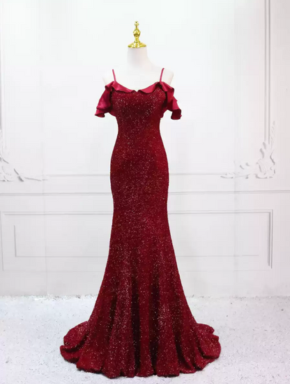 Glamorous Off-the-Shoulder Red Prom Dress Sequins Mermaid Evening Dress C8309