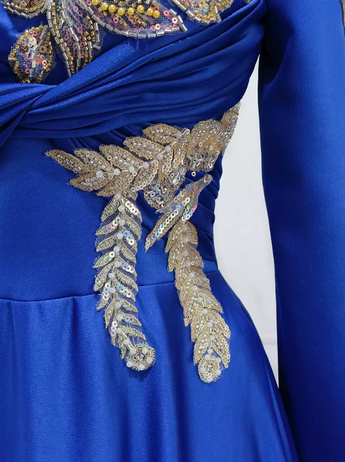 Sleek Illusion Neck Blue Ball Gown Long Sleeve Sequins Sweet 16 Dresses C8311