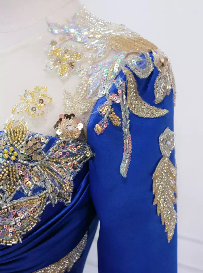Sleek Illusion Neck Blue Ball Gown Long Sleeve Sequins Sweet 16 Dresses C8311