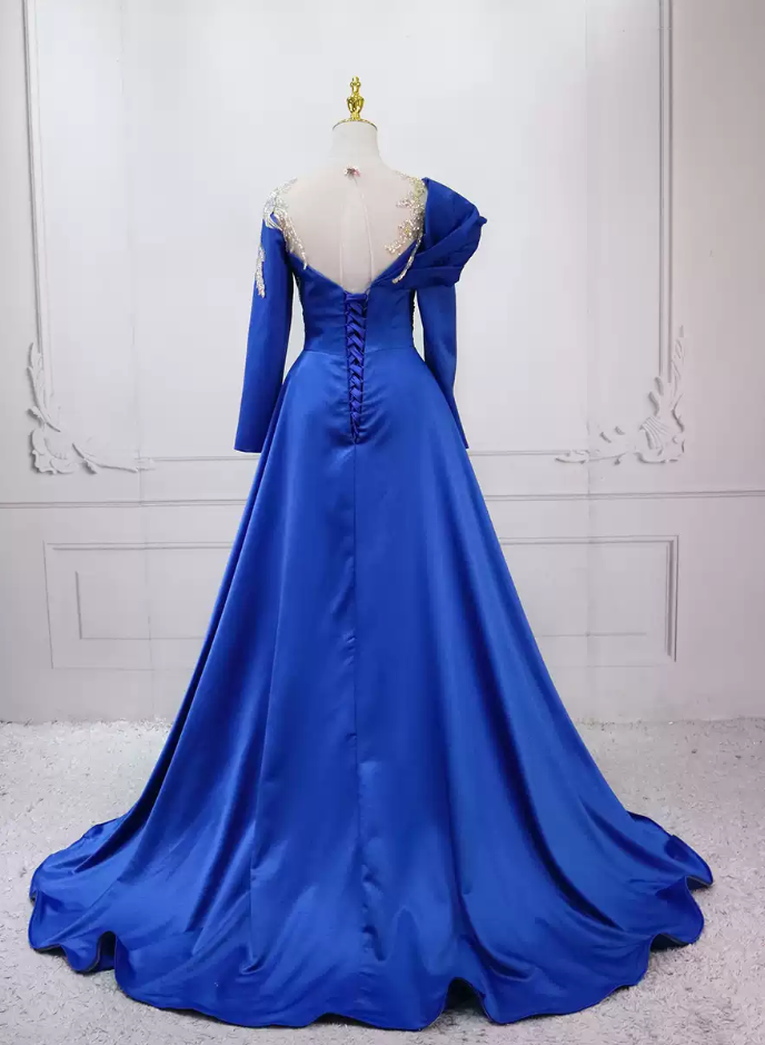 Sleek Illusion Neck Blue Ball Gown Long Sleeve Sequins Sweet 16 Dresses C8311