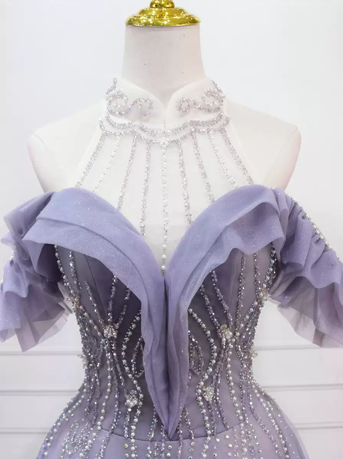 Glittering Halter Neck Purple Ball Gown Sequins Beading Tulle Sweet 16 Dresses C8312