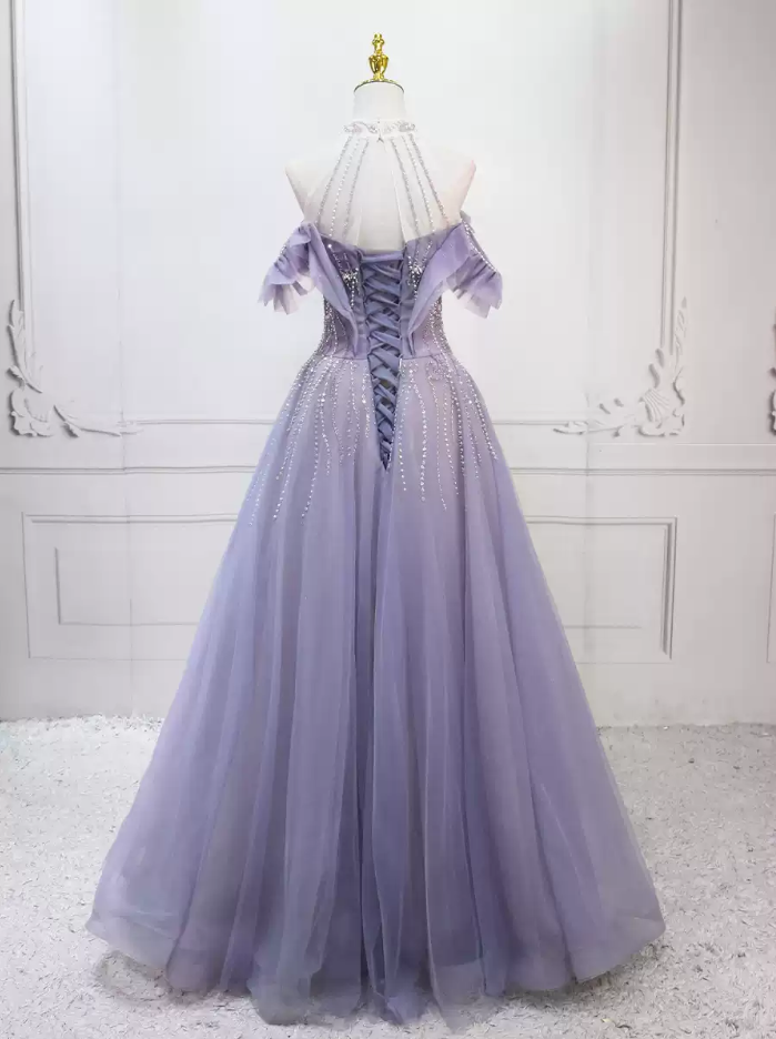 Glittering Halter Neck Purple Ball Gown Sequins Beading Tulle Sweet 16 Dresses C8312