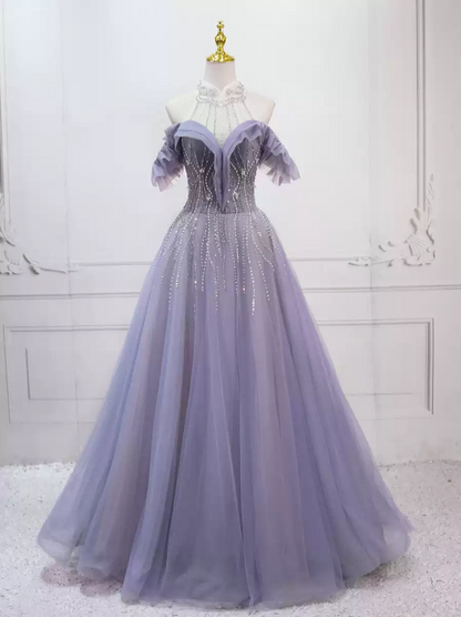 Glittering Halter Neck Purple Ball Gown Sequins Beading Tulle Sweet 16 Dresses C8312