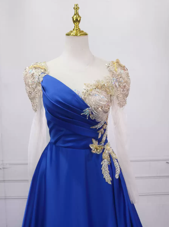 Trendy Illusion Neck Blue Ball Gown Sequins Long Sleeve Sweet 16 Dresses C8313