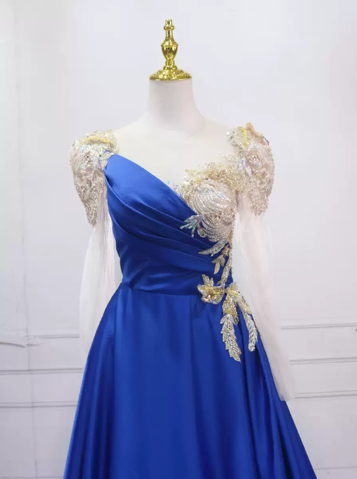 Trendy Illusion Neck Blue Ball Gown Sequins Long Sleeve Sweet 16 Dresses C8313