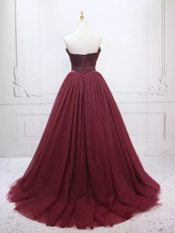 Alluring Burgundy Ball Gown Strapless Tulle Sweet 16 Dresses C8314