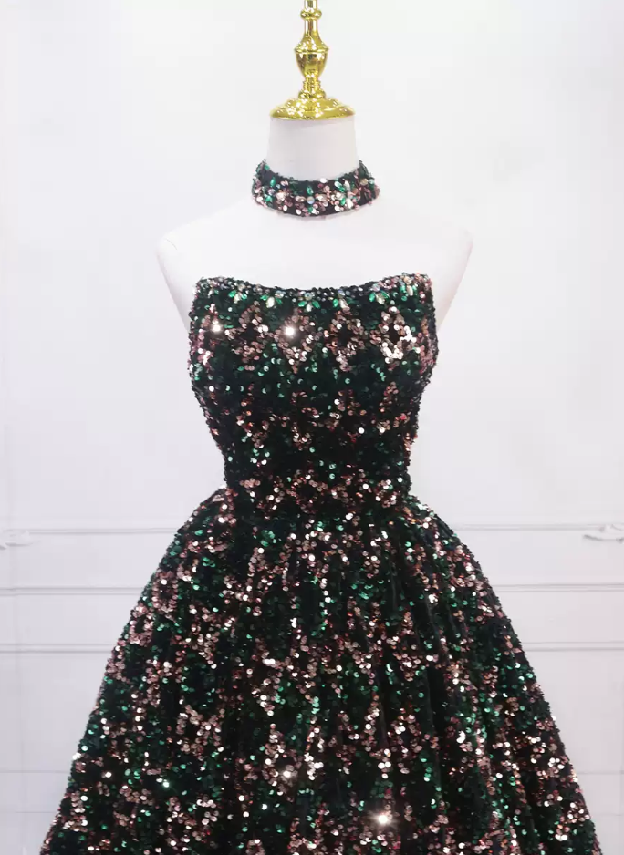 Luxurious Strapless Long Ball Gown With Choker  Sequins Beaded Sweet 16 Dresses C8317