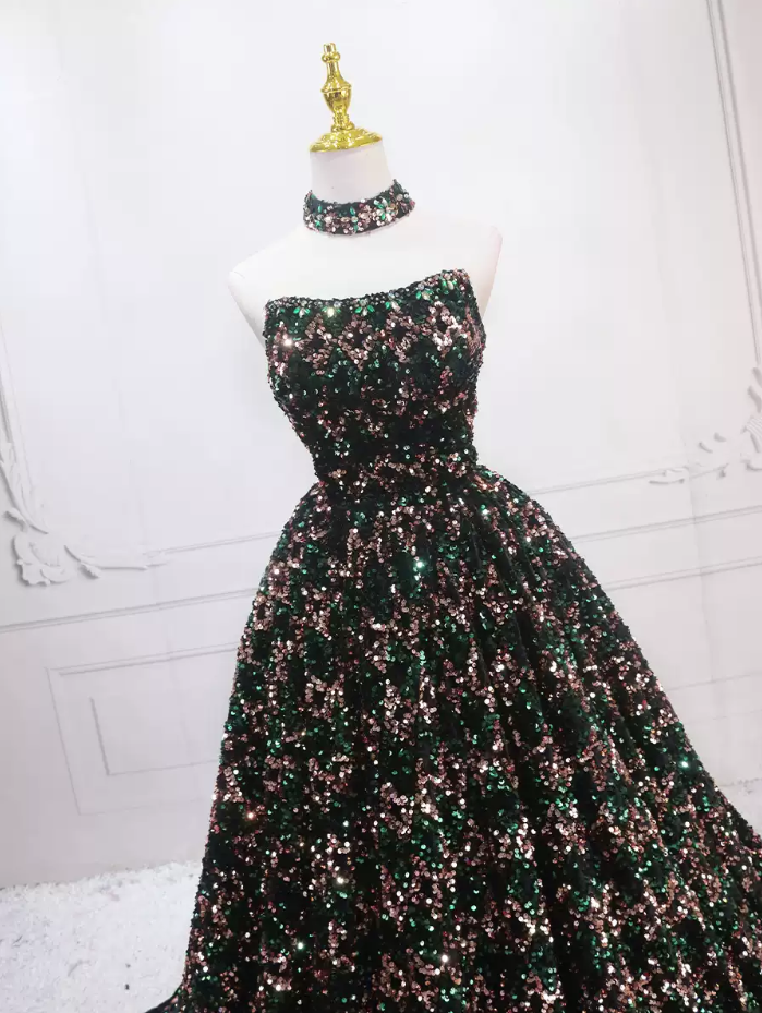 Luxurious Strapless Long Ball Gown With Choker  Sequins Beaded Sweet 16 Dresses C8317