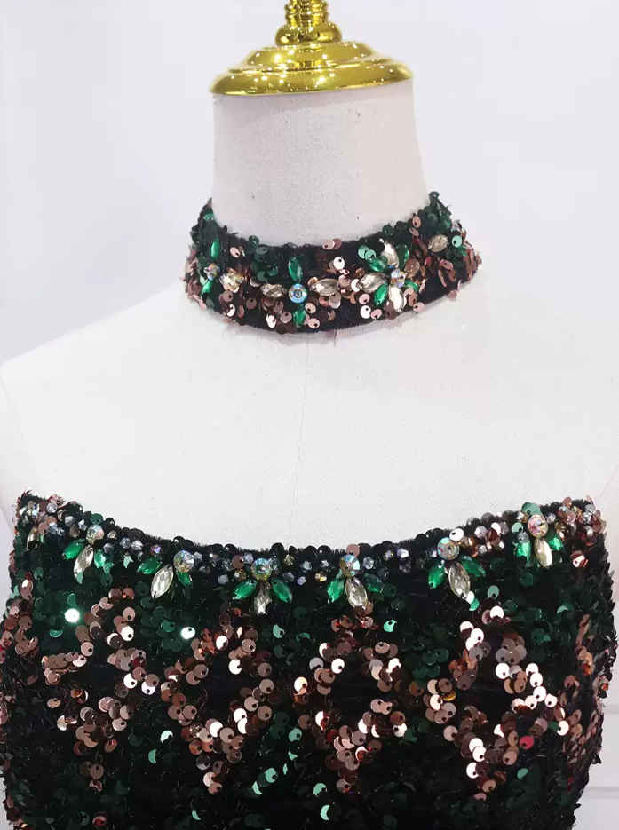 Luxurious Strapless Long Ball Gown With Choker  Sequins Beaded Sweet 16 Dresses C8317