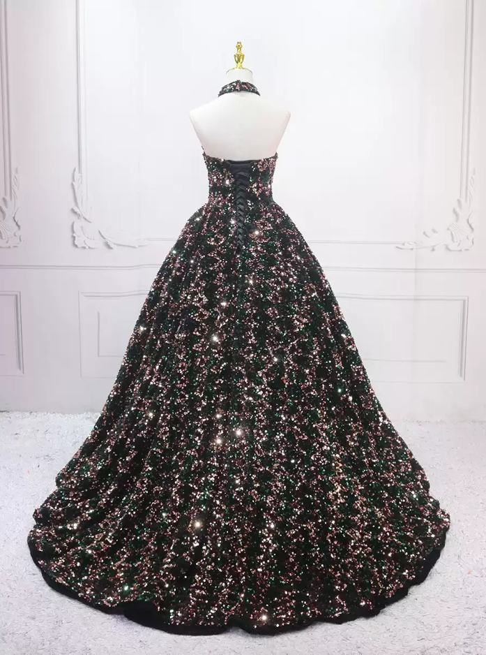 Luxurious Strapless Long Ball Gown With Choker  Sequins Beaded Sweet 16 Dresses C8317
