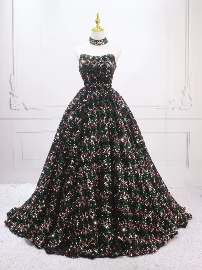 Luxurious Strapless Long Ball Gown With Choker  Sequins Beaded Sweet 16 Dresses C8317