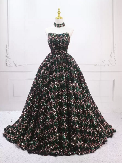 Luxurious Strapless Long Ball Gown With Choker  Sequins Beaded Sweet 16 Dresses C8317