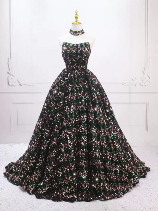 Luxurious Strapless Long Ball Gown With Choker  Sequins Beaded Sweet 16 Dresses C8317