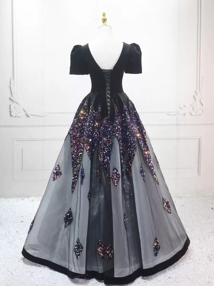 Ornate Black Ball Gown Sequins Short Sleeve Sweet 16 Dresses C8322