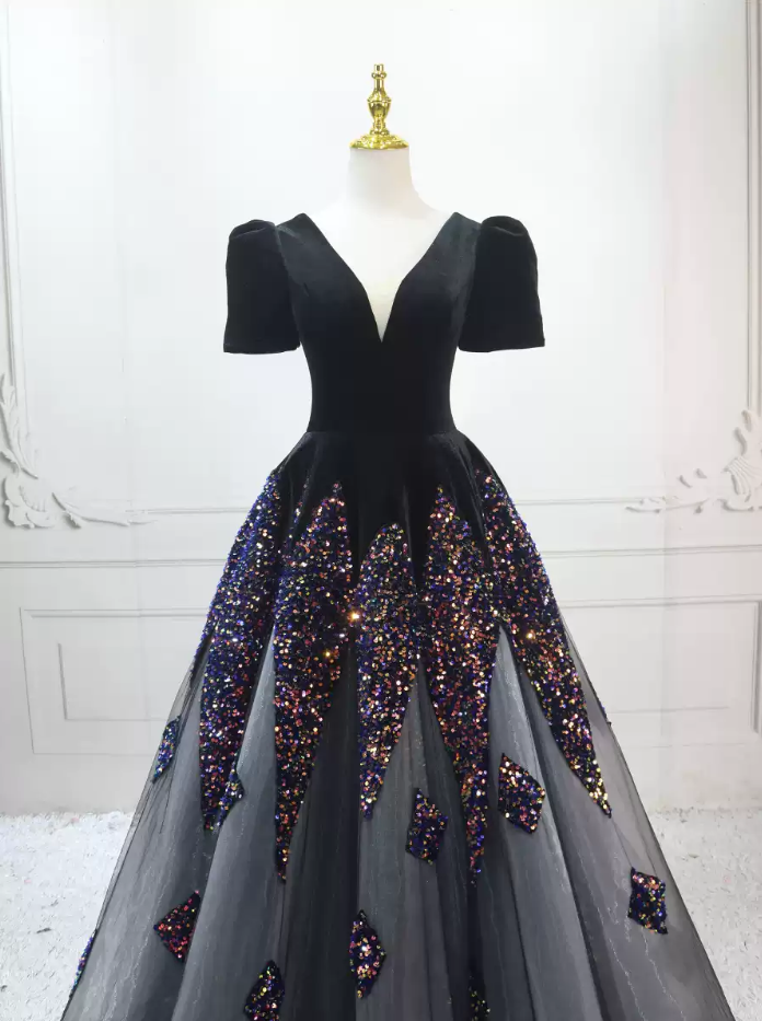 Ornate Black Ball Gown Sequins Short Sleeve Sweet 16 Dresses C8322