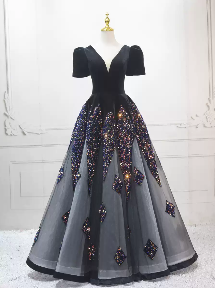 Ornate Black Ball Gown Sequins Short Sleeve Sweet 16 Dresses C8322
