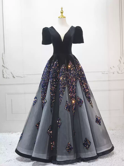 Ornate Black Ball Gown Sequins Short Sleeve Sweet 16 Dresses C8322