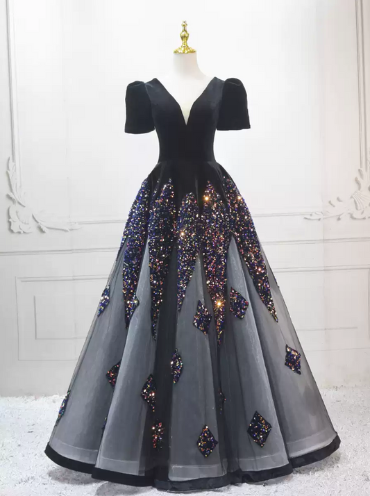 Ornate Black Ball Gown Sequins Short Sleeve Sweet 16 Dresses C8322