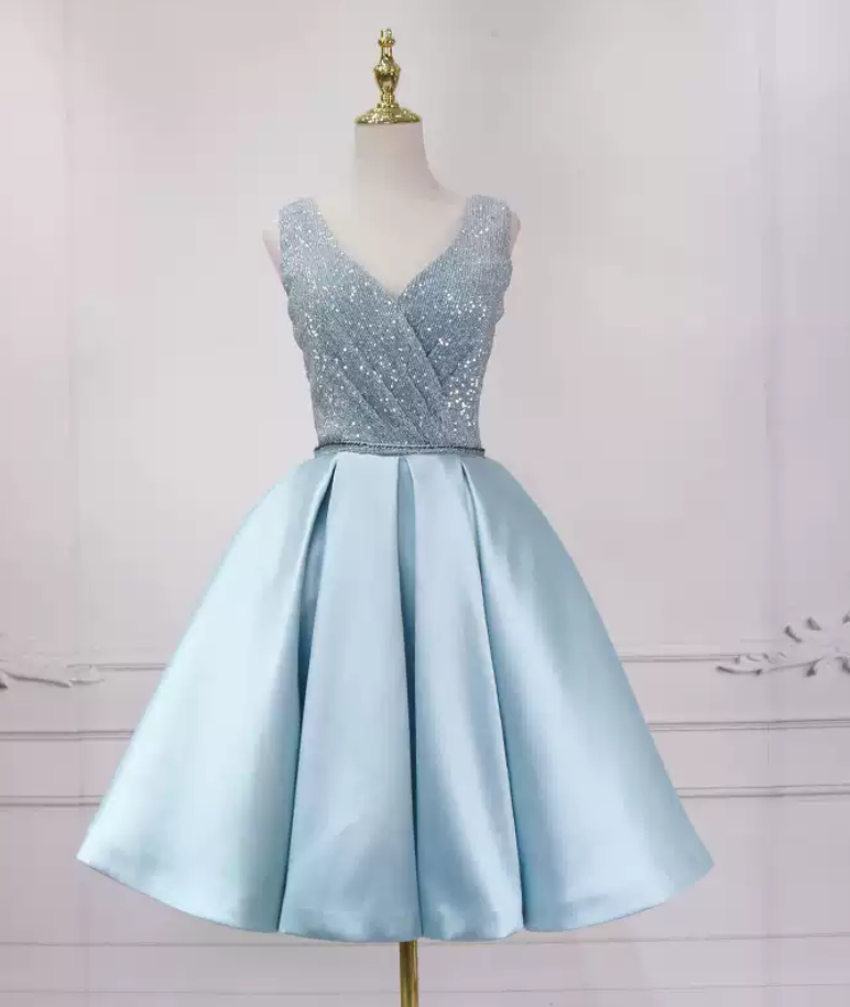 Sparkly V Neck Homecoming Dress Blue Satin Sequins Birthday Dress C8324