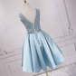Sparkly V Neck Homecoming Dress Blue Satin Sequins Birthday Dress C8324