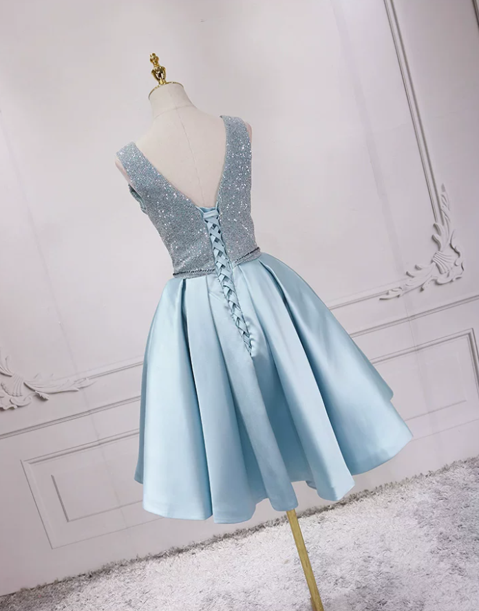 Sparkly V Neck Homecoming Dress Blue Satin Sequins Birthday Dress C8324